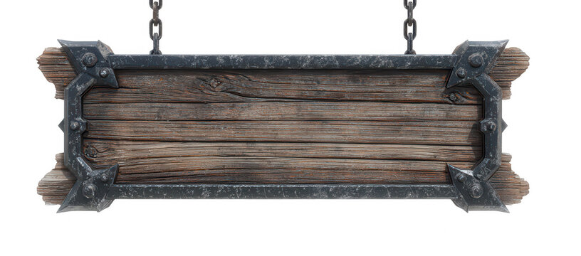 High quality photo of rustic wooden sign with ornate metal frame isolated on transparent background.