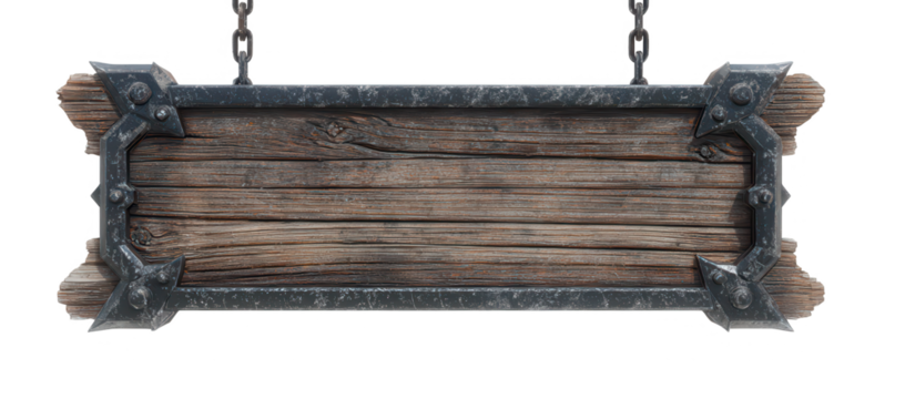 High quality photo of rustic wooden sign with ornate metal frame isolated on transparent background.