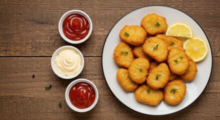 Crispy Chicken Nuggets with Ketchup and Lemon on Wooden Table 