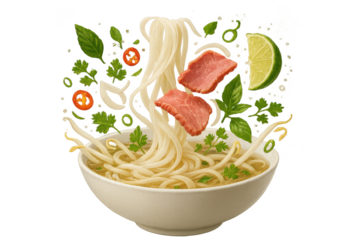 Vietnamese Pho soup with beef, noodles, and herbs isolated on transparent