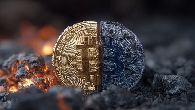 Divided cryptocurrency coin amidst flames and ashes