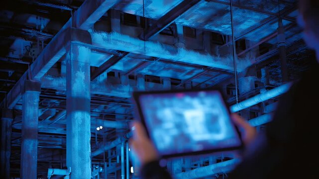 handheld tablet screen showing infrared signature of exposed piping while worker scans ceiling framework