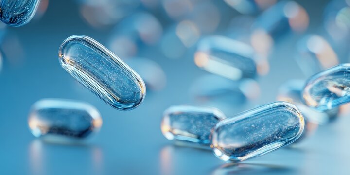 Floating, translucent capsules in a light blue environment