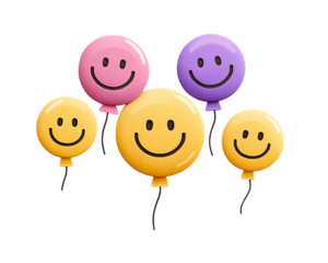 Colorful balloons featuring cheerful smiley faces, creating a joyful and festive atmosphere.