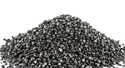 Extreme macro close-up of dark grey irregular steel filings, an abrasive textured pile on a transparent background with copy space, crisp studio light, concept of industrial residue
