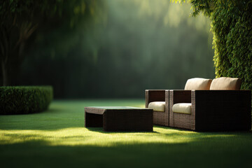 beautiful display of minimalistic garden furniture set against lush green backdrop emphasizing tranquility