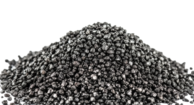 Extreme macro close-up of dark grey irregular steel filings, an abrasive textured pile on a transparent background with copy space, crisp studio light, concept of industrial residue