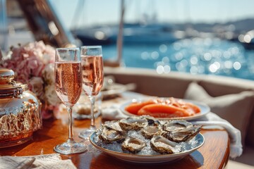 Luxurious yacht lunch with champagne and oysters