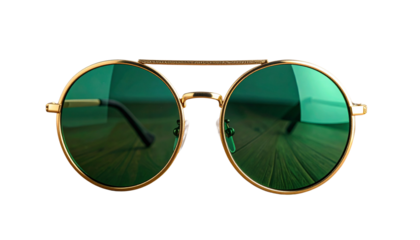 Green fashion sunglasses isolated on a white background, highlighting their sleek plastic style and protective lenses
