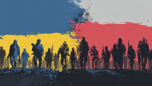 Military figures marching across a background with blended flag colors