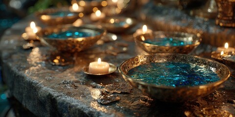 Golden bowls with teal liquid and candles