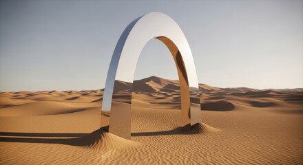 Surreal landscape with a large chrome arch reflecting a vast desert