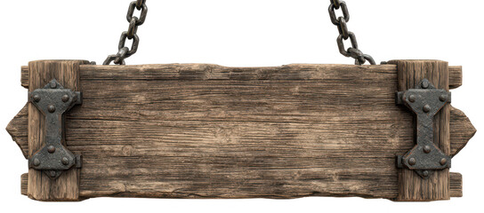 High quality photo of rustic wooden sign with metal accents hanging from chains isolated on transparent background.