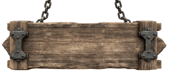 High quality photo of rustic wooden sign with metal accents hanging from chains isolated on transparent background.