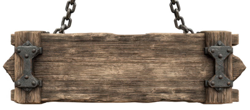High quality photo of rustic wooden sign with metal accents hanging from chains isolated on transparent background.