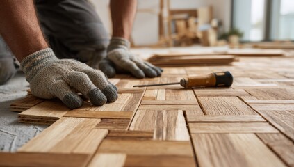 Carpenter installing parquet flooring