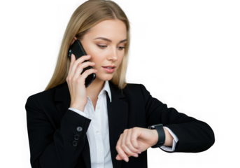 Businesswoman talking on phone checking smartwatch isolated on transparent background