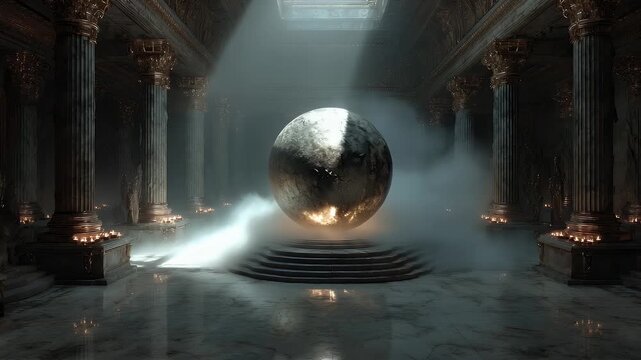 Glowing ancient relic orb floating in a misty temple chamber