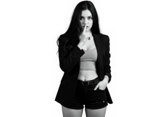 Woman in blazer and shorts making shushing gesture isolated on transparent background