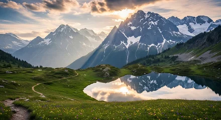 Wanddecoratie Reflectie Majestic mountain range reflected in a calm alpine lake at sunrise.  © Jumadi