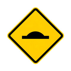 Yellow road sign warning of a speed bump ahead.