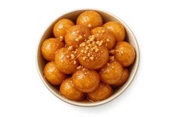 Golden Loukoumades with syrup and nuts, isolated on transparent background