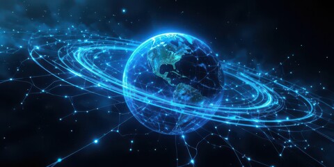 Obraz premium Planetary Conduit High Tech Satellite Guiding Electric Blue Currents Around a Brilliant Aquamarine Sphere, Connecting the World