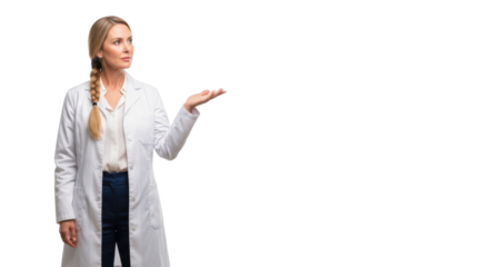 Mid-40s caucasian woman with long blonde braided hair, crisp white lab coat, gesturing thoughtfully on a transparent studio background with copy space, embodying intellectual problem-solving