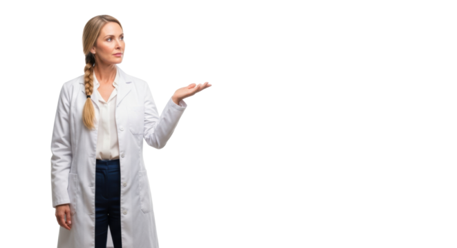 Mid-40s caucasian woman with long blonde braided hair, crisp white lab coat, gesturing thoughtfully on a transparent studio background with copy space, embodying intellectual problem-solving - Powered by Adobe