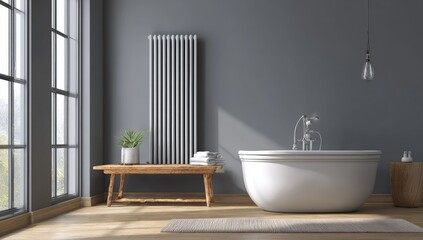 Modern gray bathroom with wooden accents and a large window
