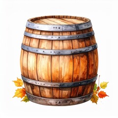 Obraz premium Wooden Barrel with Metal Bands and Autumn Leaves in Watercolor Illustration on Isolated White Background