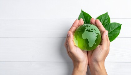 Hands holding green translucent globe with leaf on white wood background