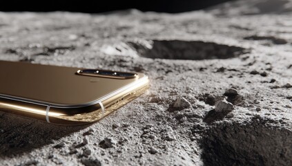 Gold smartphone resting on a moon-like surface