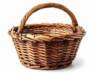 Wicker Basket with Arched Handle in Studio Setting Isolated on White Background