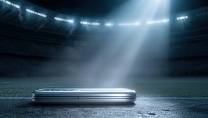 Futuristic smartphone on stadium field under spotlight