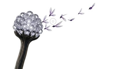 Gnarled bronze stem, glowing crystalline seed cluster, & amethyst iridescent winged seeds spiraling on transparent background with text space, macro, volumetric light. Concept of cosmic elegance.