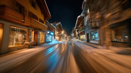 Snowy alpine village night ride  scenic winter landscape