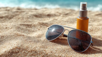 Sunglasses and sunscreen on sandy beach
