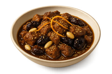 Obraz premium Meat and prune stew with almonds, isolated on a transparent background.