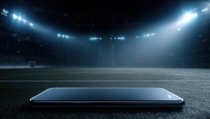 Smartphone placed on a stadium field at night