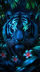 tiger in the night in the forest with neon bright eyes