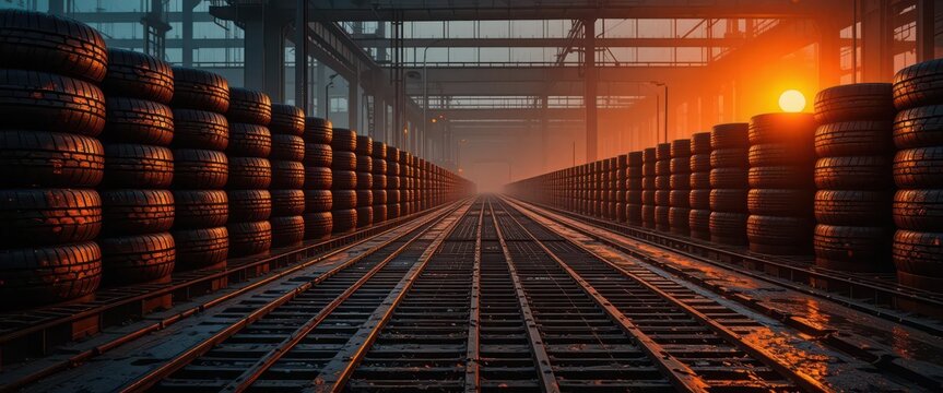  Grating Tire Shine Intense orange light reflects off wet metal grating illuminating stacked tires in an early morning industrial