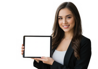 Young woman holding a tablet with a blank screen isolated on transparent background