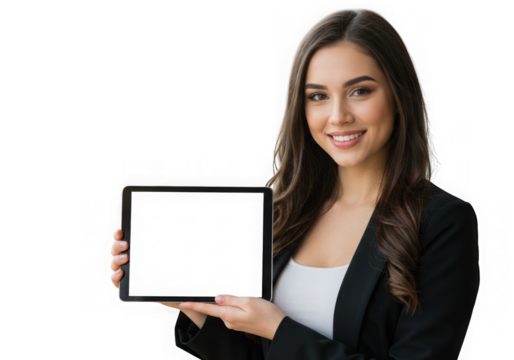 Young woman holding a tablet with a blank screen isolated on transparent background