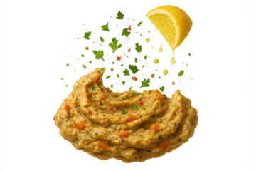 Delicious baba ghanoush with fresh lemon and spices, isolated on transparent background