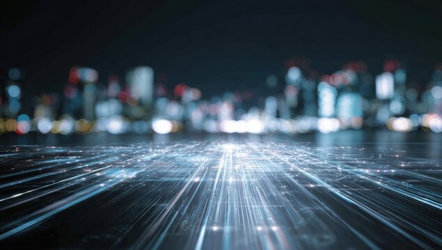 Abstract digital cityscape at night.  Bright lines radiate from a dark surface