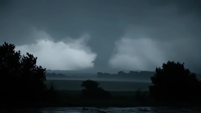 Dark Tornado Forming Over a Rural Area During Severe Evening Weather in Oklahoma