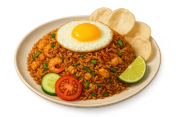 Traditional Indonesian Nasi Goreng with shrimp and egg on a transparent background.