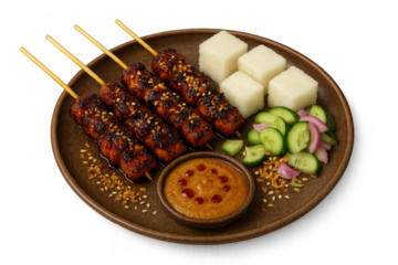 Chicken Satay skewers on plate, transparent background, studio shot.