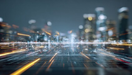 Blurred cityscape at night, with streaked light trails